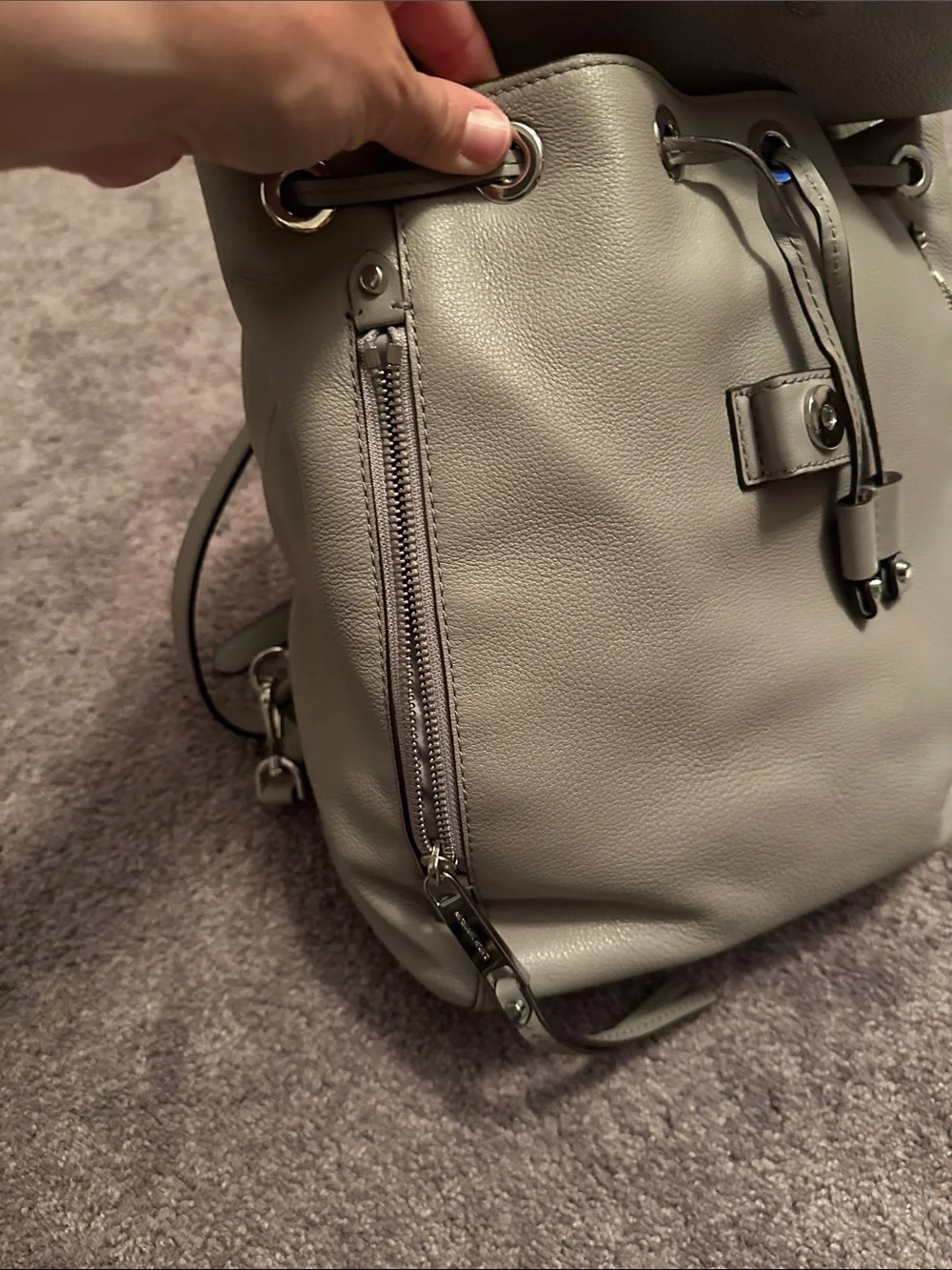 Michael Kors Light Gray Pebbled Leather Drawstring Backpack